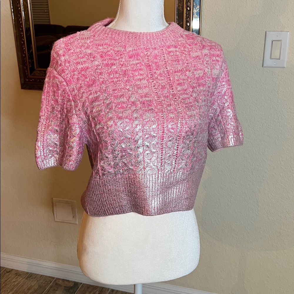 Zara Pink Metallic Short-Sleeve Cable Knit Sweater - Picture 6 of 17